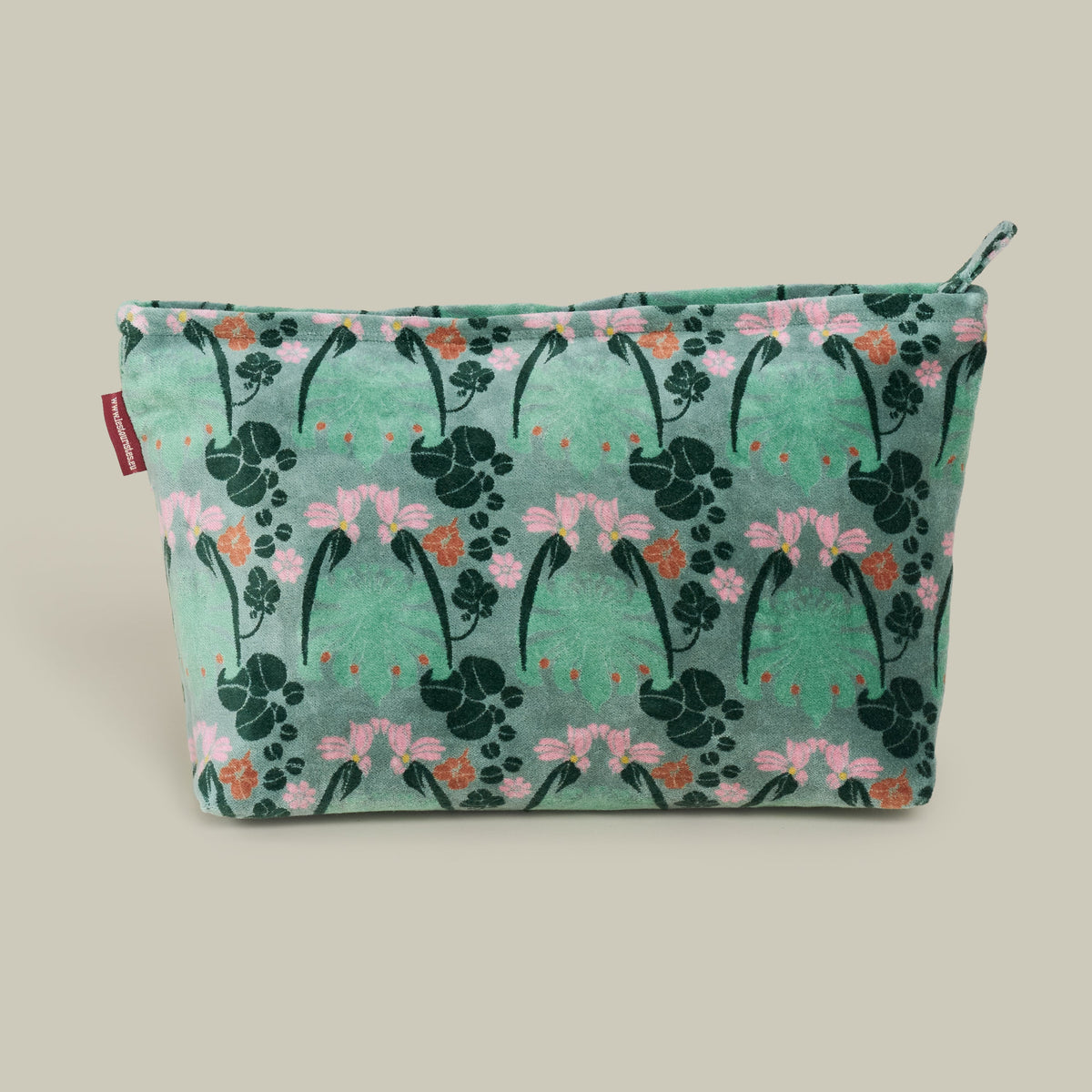 Printed Cotton Velvet - Washbag - Green with Pink Floral