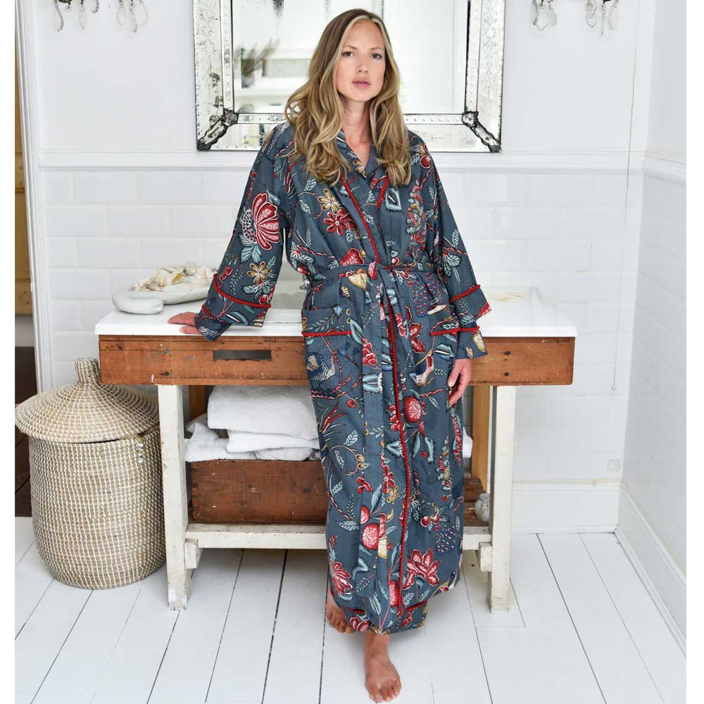 Women’s Cotton Dressing Gown - Grey With Fruit