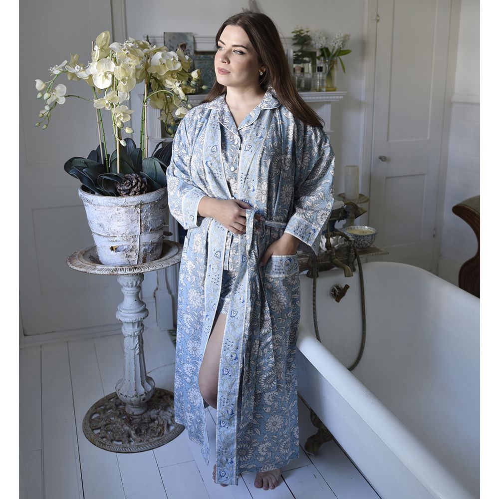 Women’s Cotton Dressing Gown - Pale Blue With Cornflowers