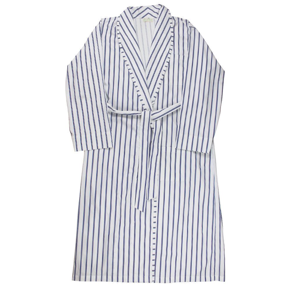 Men’s Cotton Dressing Gown - White & Blue Stripe