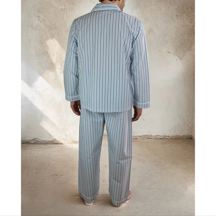 Men’s Cotton Pyjamas - Sky Blue & Navy Stripe