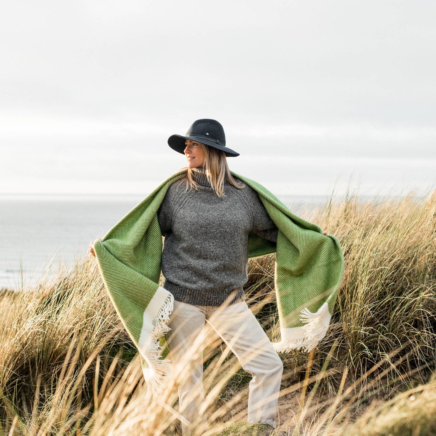 Herringbone Wool Blanket Kelp Green