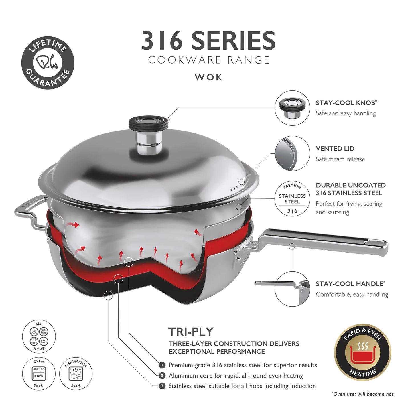 Robert Welch - 316 Series Cookware - Wok with Lid 28cm