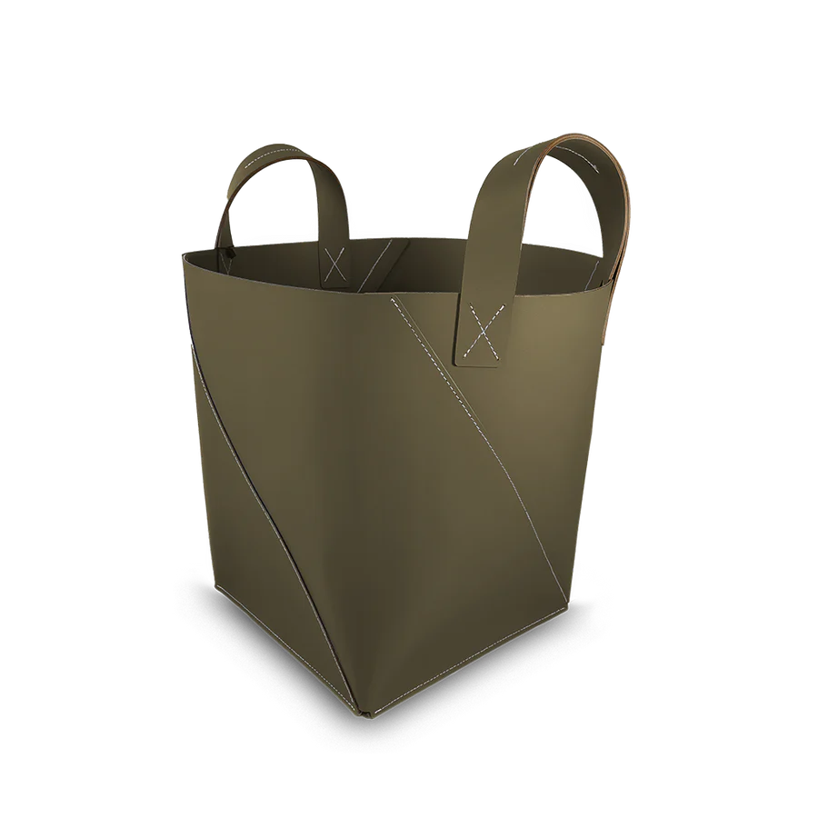 Recycled Leather Log Basket with Handles