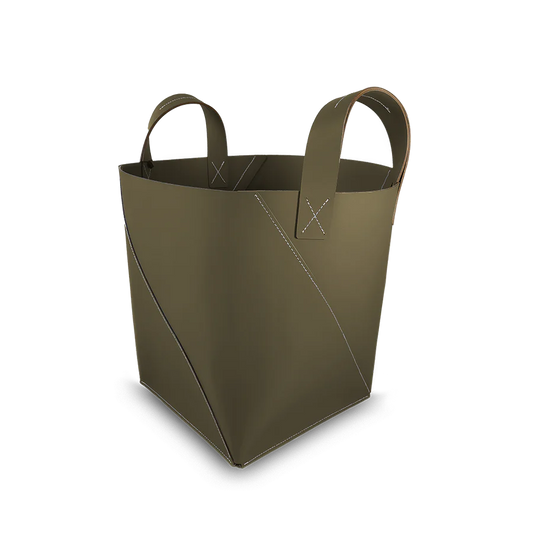 Recycled Leather Log Basket with Handles