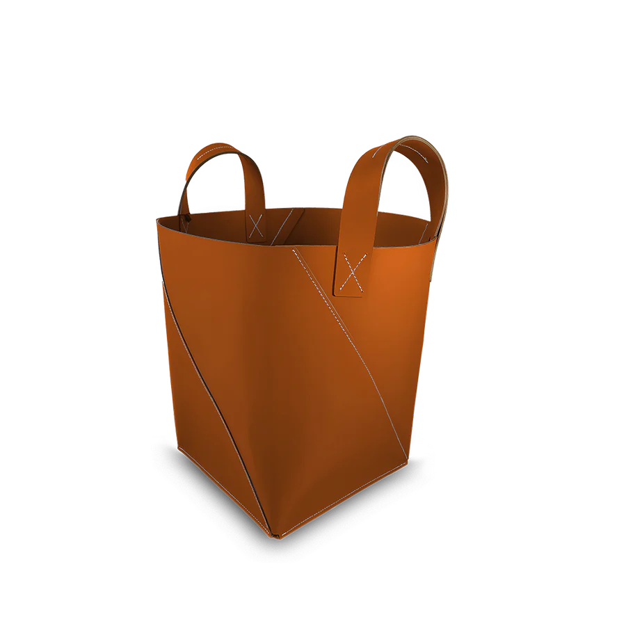 Recycled Leather Log Basket with Handles