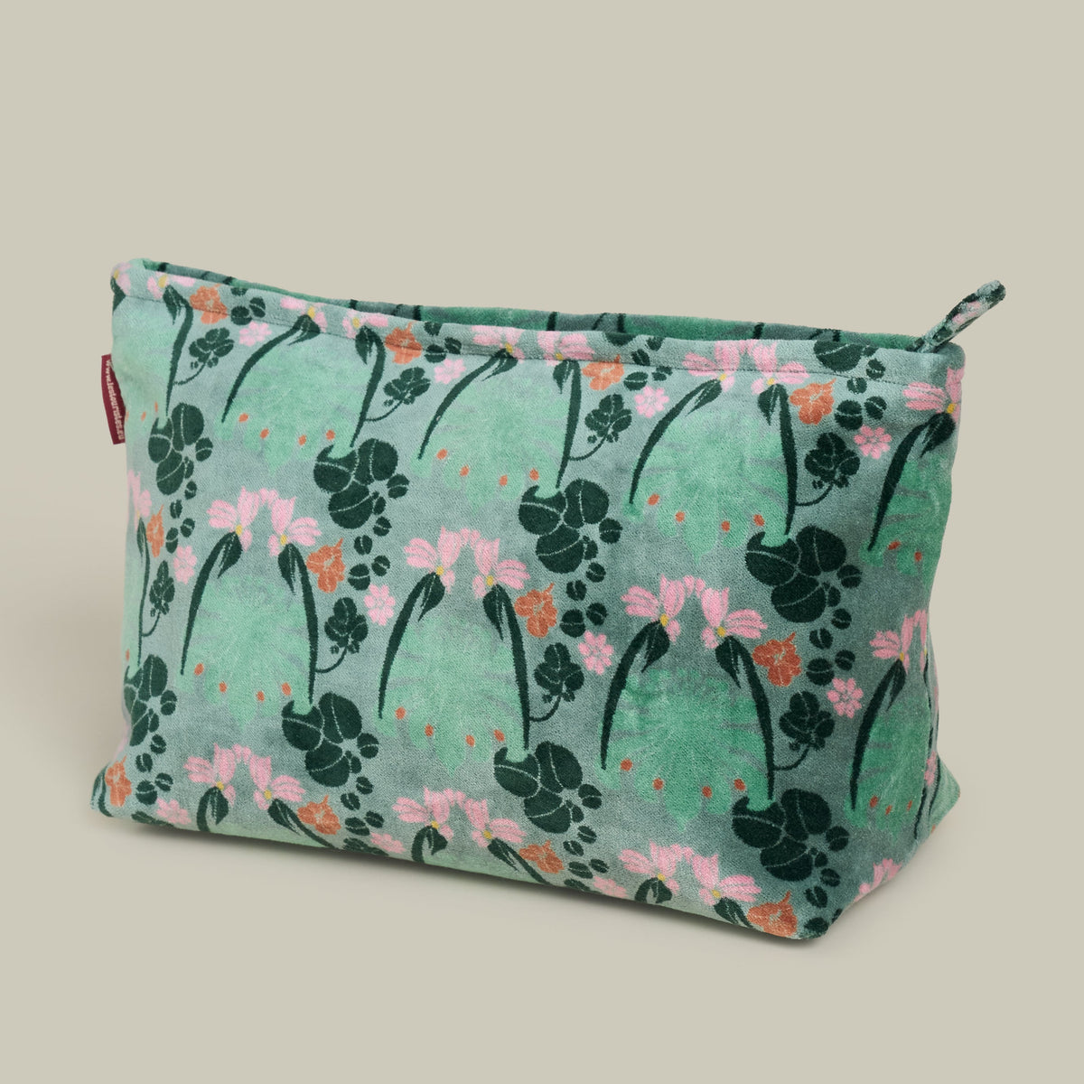 Printed Cotton Velvet - Washbag -  Green with Pink Floral