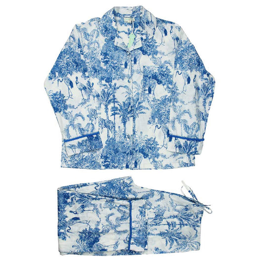 Women’s Cotton Pyjamas - Blue & White Toile de Jouy