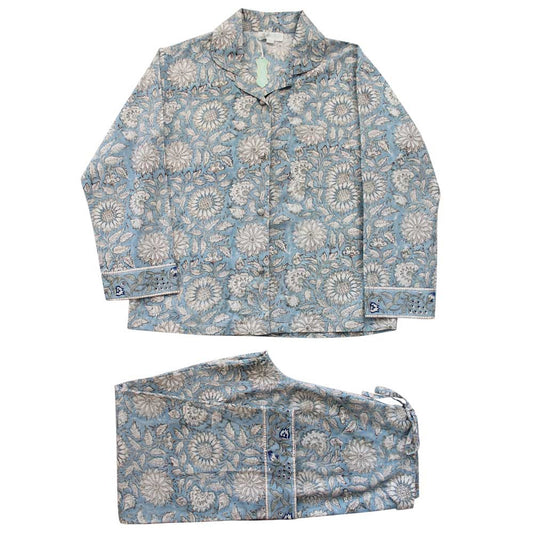 Women’s Cotton Pyjamas - Pale Blue With Cornflowers