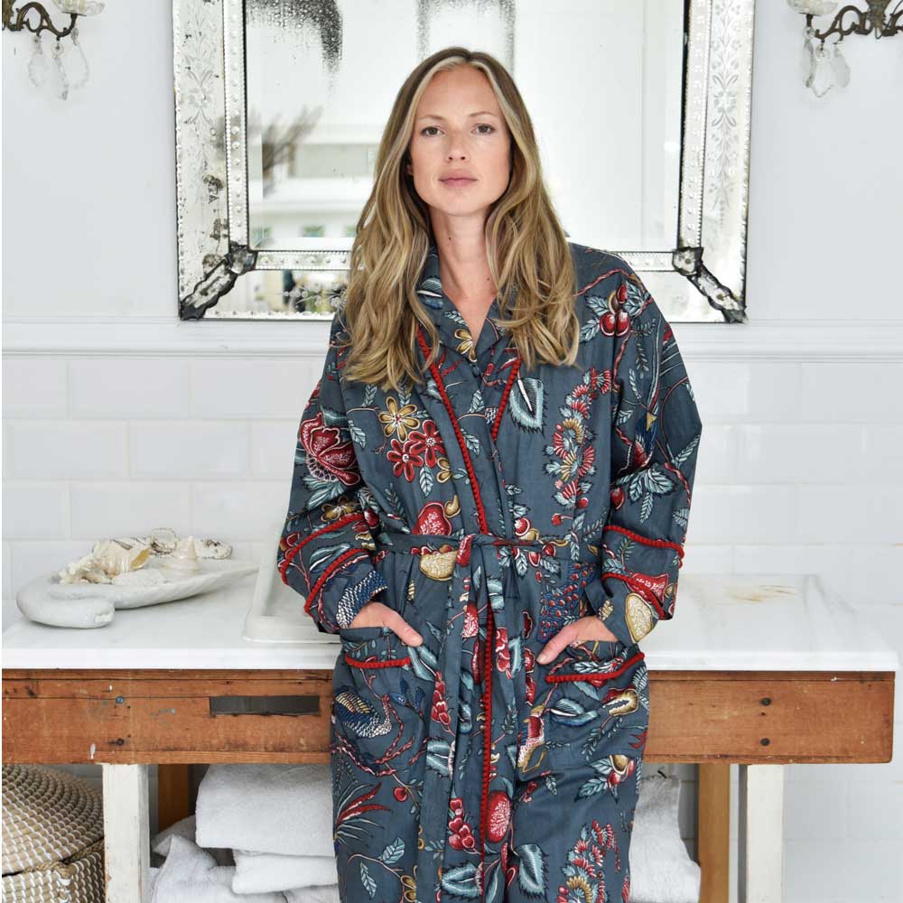 Women’s Cotton Dressing Gown - Grey With Fruit