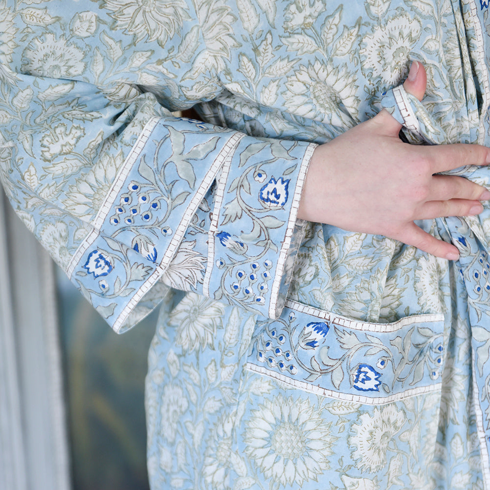 Women’s Cotton Dressing Gown - Pale Blue With Cornflowers