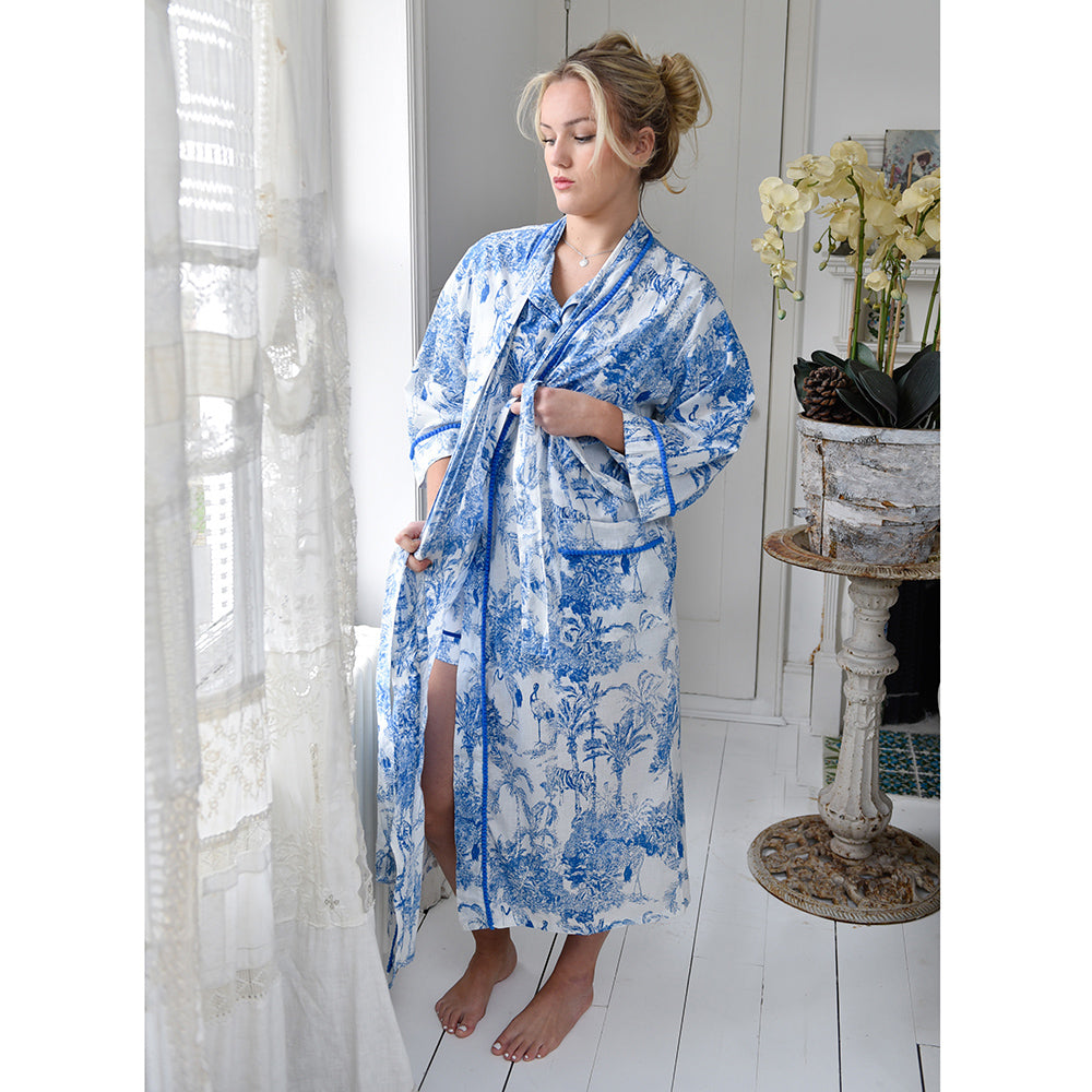 Women’s Cotton Dressing Gown - Blue & White Toile de Jouy
