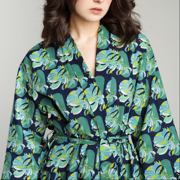 Women's Printed Cotton Robe - Split Navy