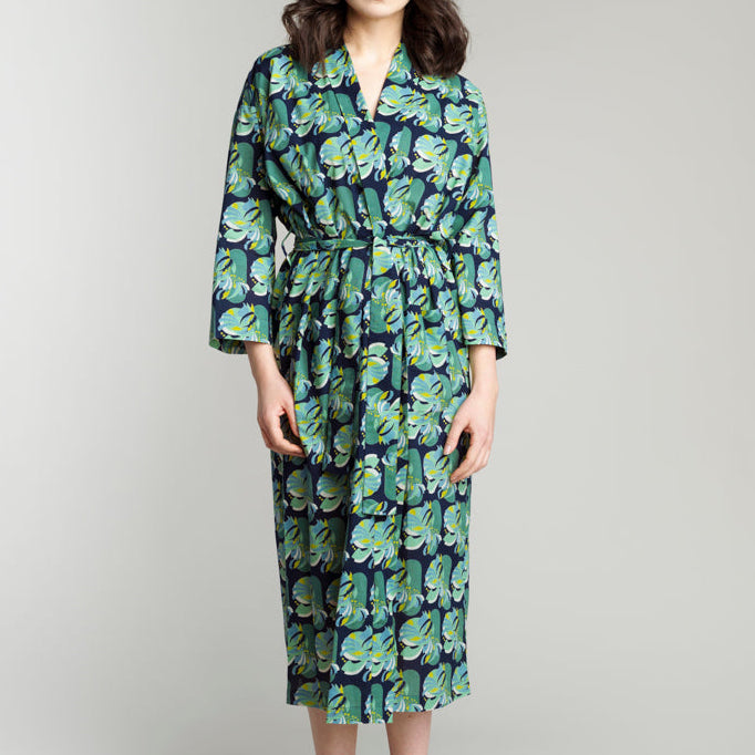 Women's Printed Cotton Robe - Split Navy