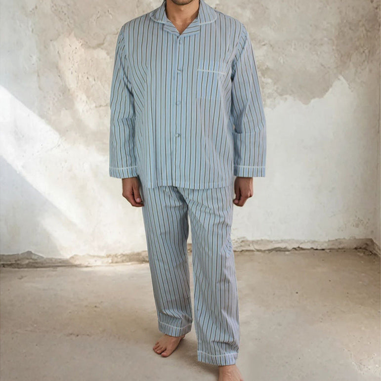 Men’s Cotton Pyjamas - Sky Blue & Navy Stripe