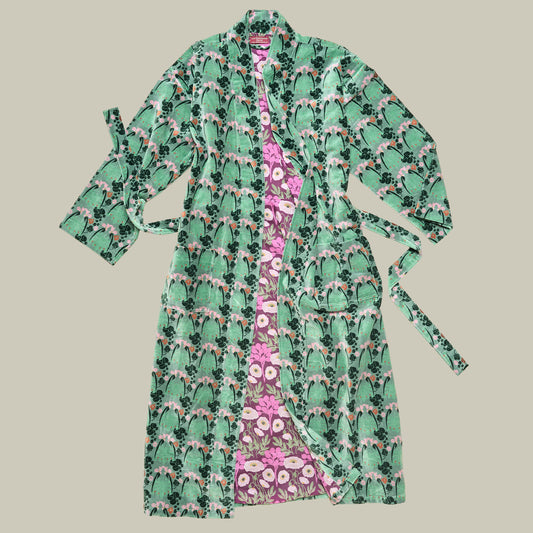 Printed Cotton Velvet Robe - Green With Pink Floral Print