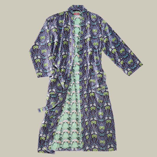 Printed Cotton Velvet Robe - Muguet Blue