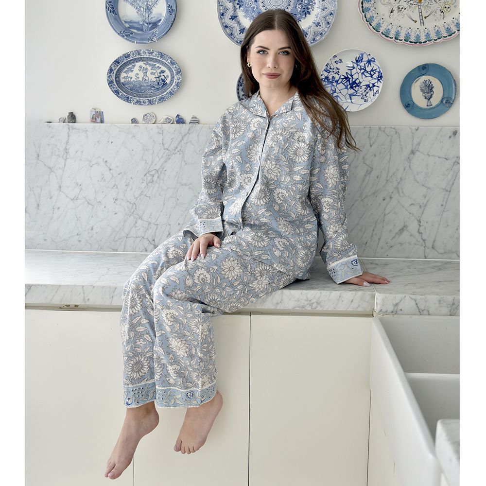 Women’s Cotton Pyjamas - Pale Blue With Cornflowers