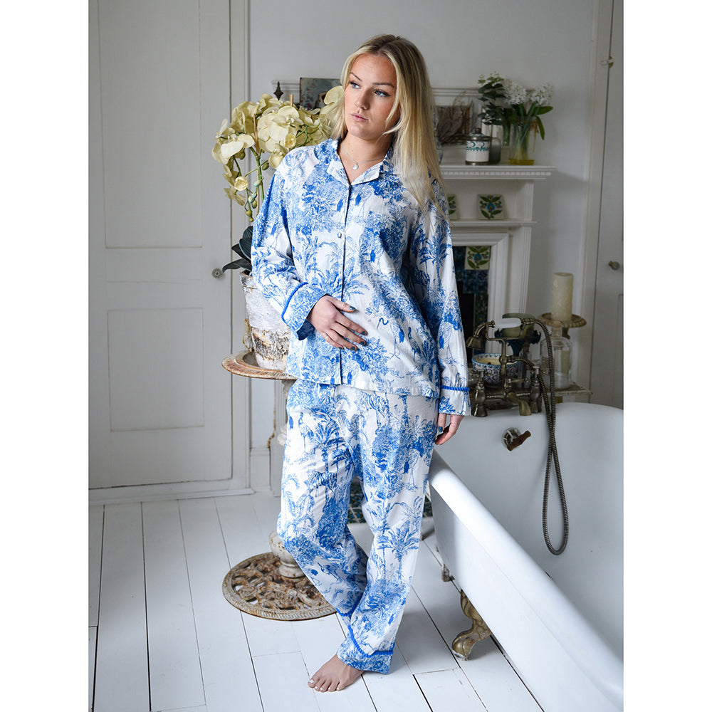 Women’s Cotton Pyjamas - Blue & White Toile de Jouy