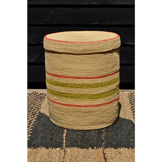 Seagrass Hamper With Lid - Red & Green Stripe