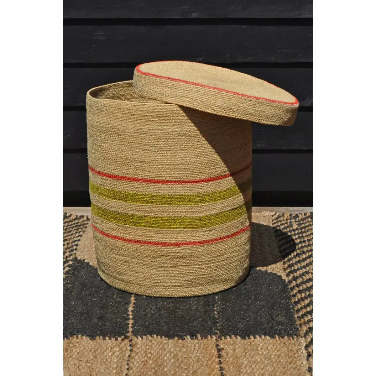 Seagrass Hamper With Lid - Red & Green Stripe