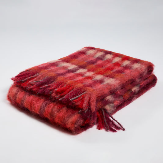 Mohair ‘Check’ Throw - Rich Ruby & Pink - 130 x 200 cm