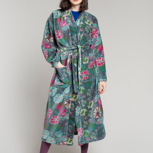 Printed Cotton Velvet Robe - Costmo Teal